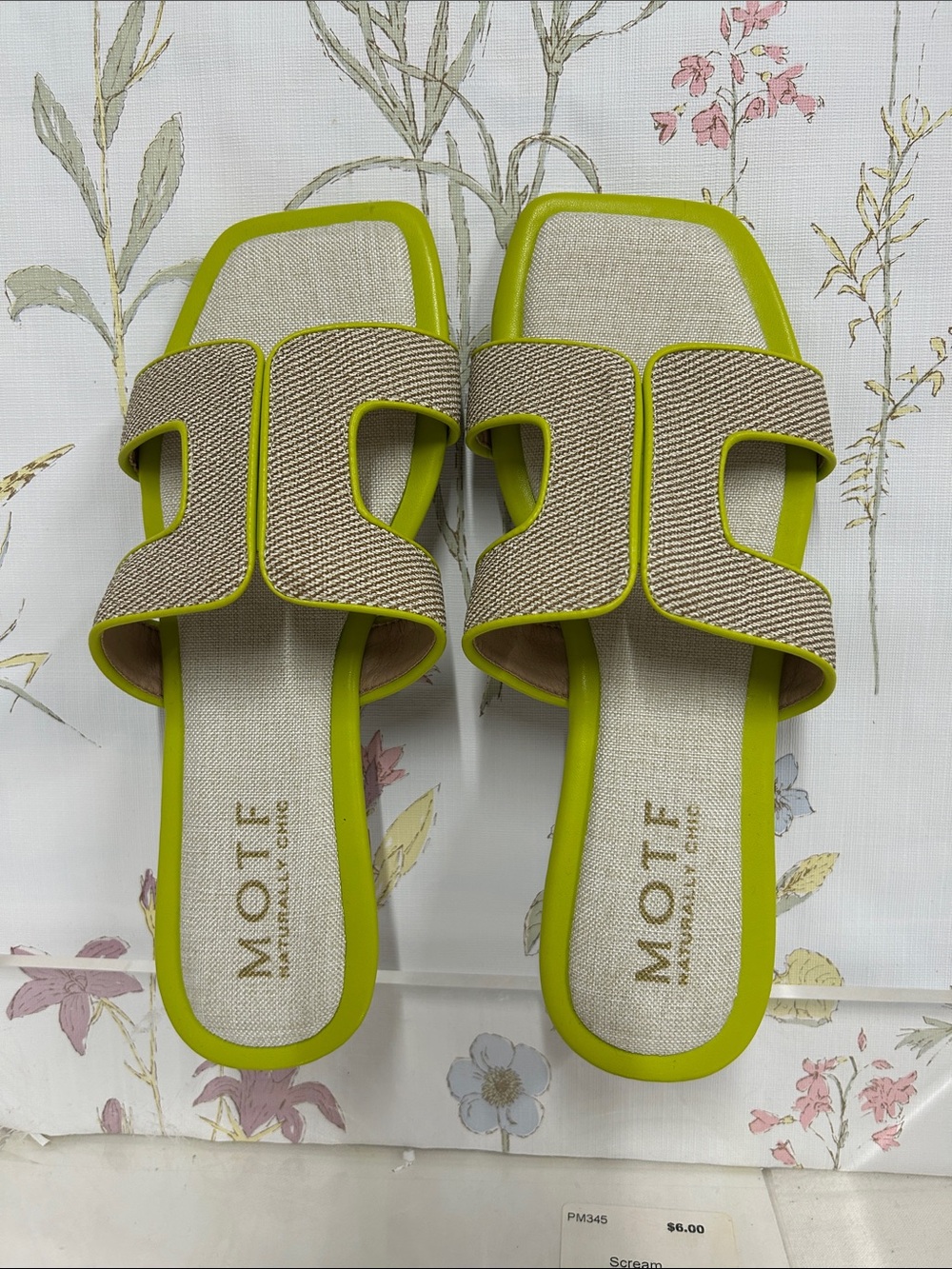 MOTF Beige Woven Slides with Lime Green Trim